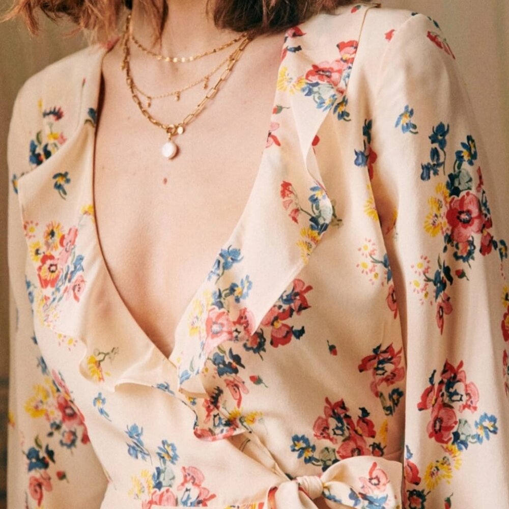 Sezane Floral Mini Silk Asianne Wrap Dress in Size 4